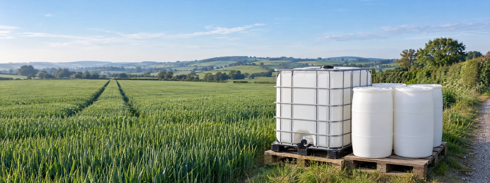 IBC container and white chemical drums on a pallet at the edge of a UK wheat field