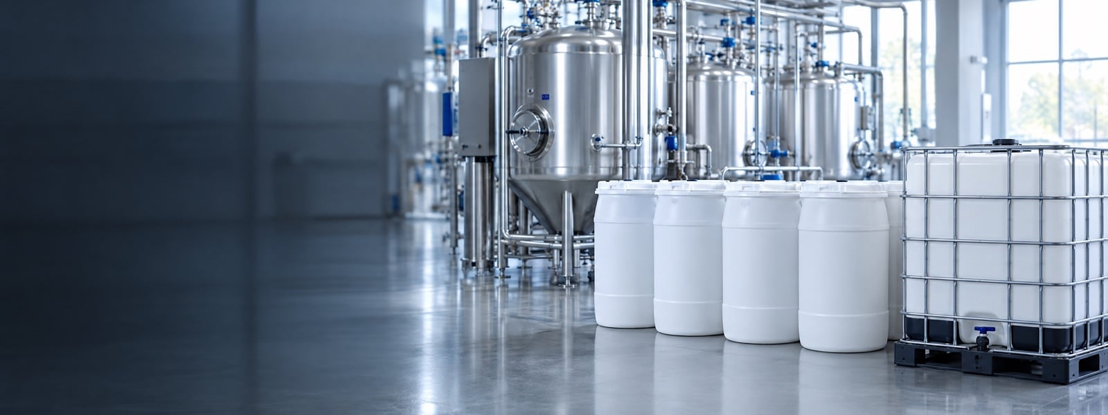 Stainless steel food processing plant with white food-grade drums and an IBC container