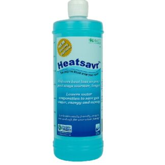 Heatsavr turquoise liquid bottle for pool water conservation