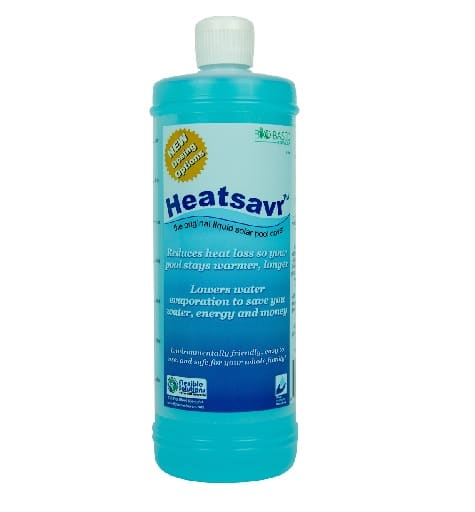 Heatsavr turquoise liquid bottle for pool water conservation