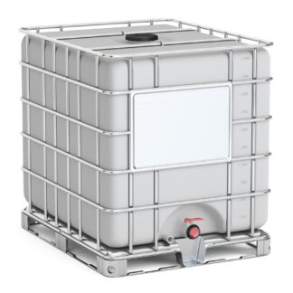 Industrial plastic storage tank with metal cage frame