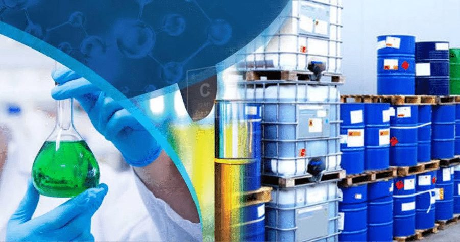 Chemical storage containers and laboratory flask with green liquid