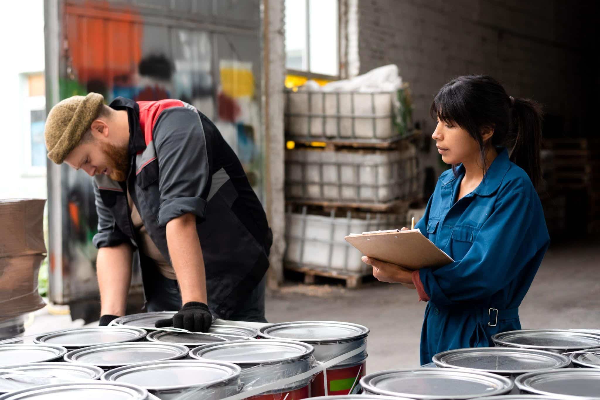 Workers inspecting paint cans in industrial warehouse