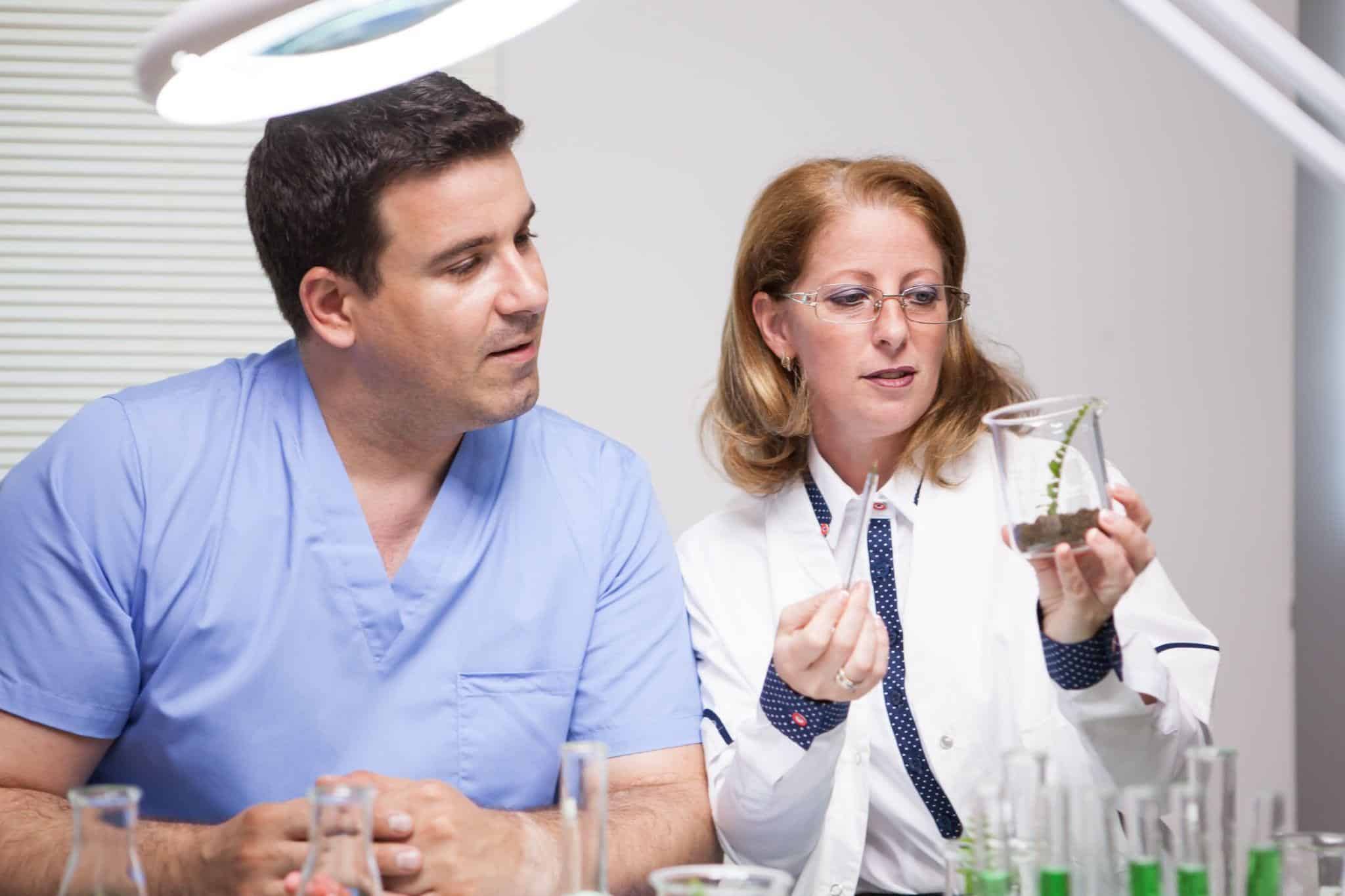Medical professionals discussing plant specimen in laboratory setting