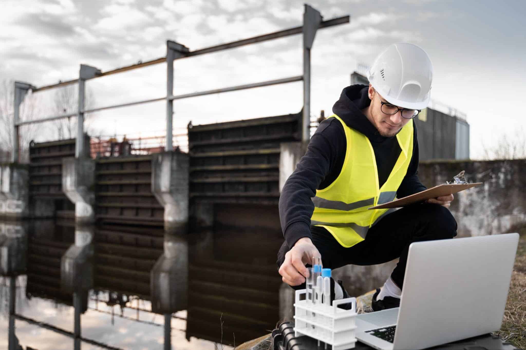EasychemTrade | Top 5 Chemicals Every Commercial Pool Operator Should Stock Construction worker inspecting agricultural gates with clipboard and laptop