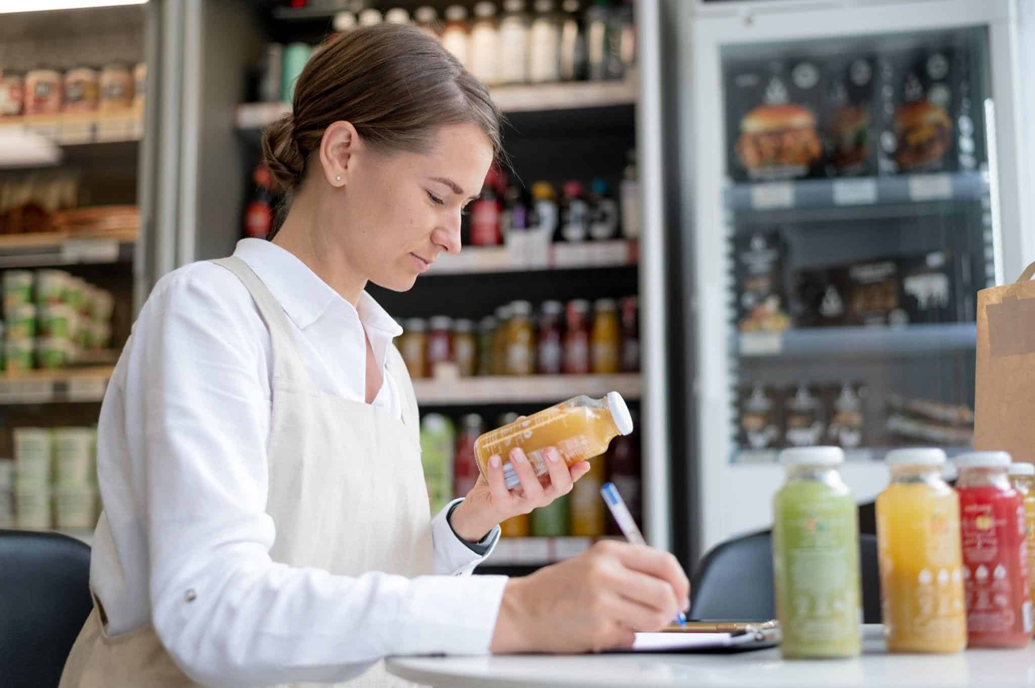 Woman inspecting juice bottle in convenience store