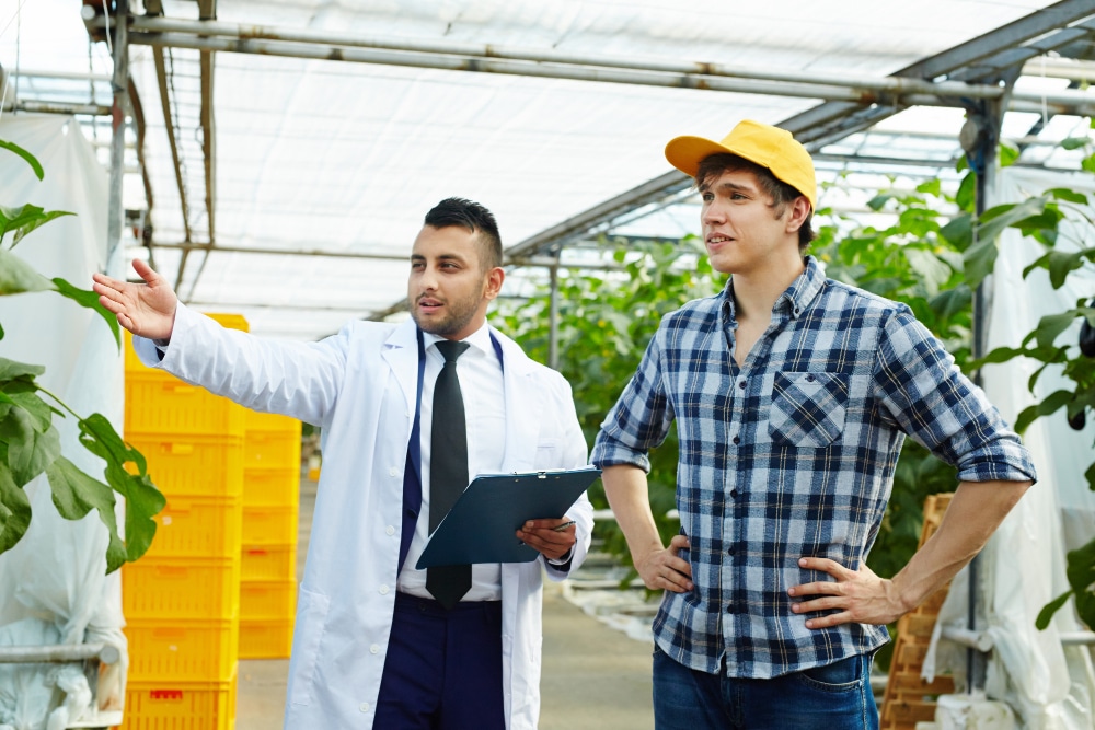 EasychemTrade | How to Choose the Right Agricultural Chemical Supplier Agronomist and farmer discussing greenhouse crop inspection