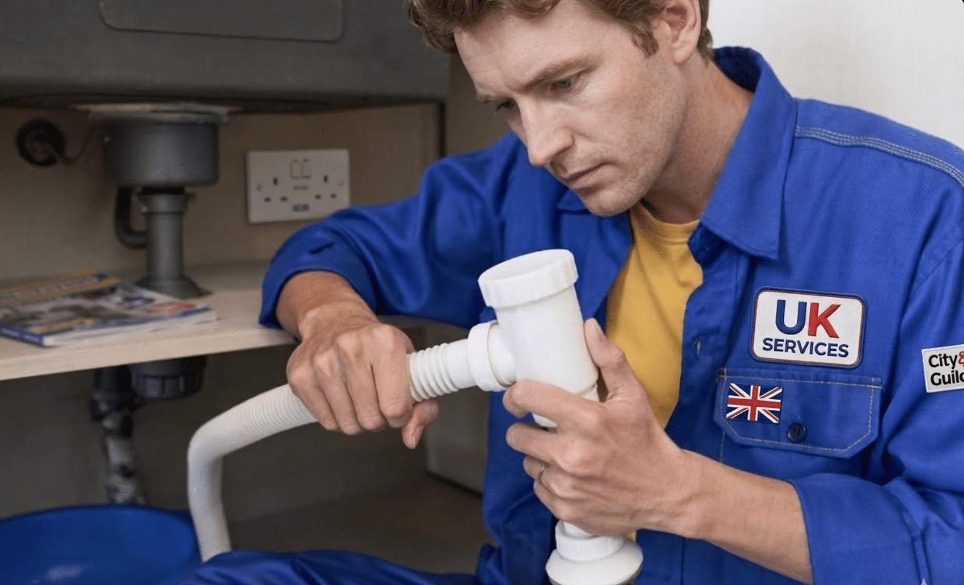 UK Services plumber installing white pipe fitting