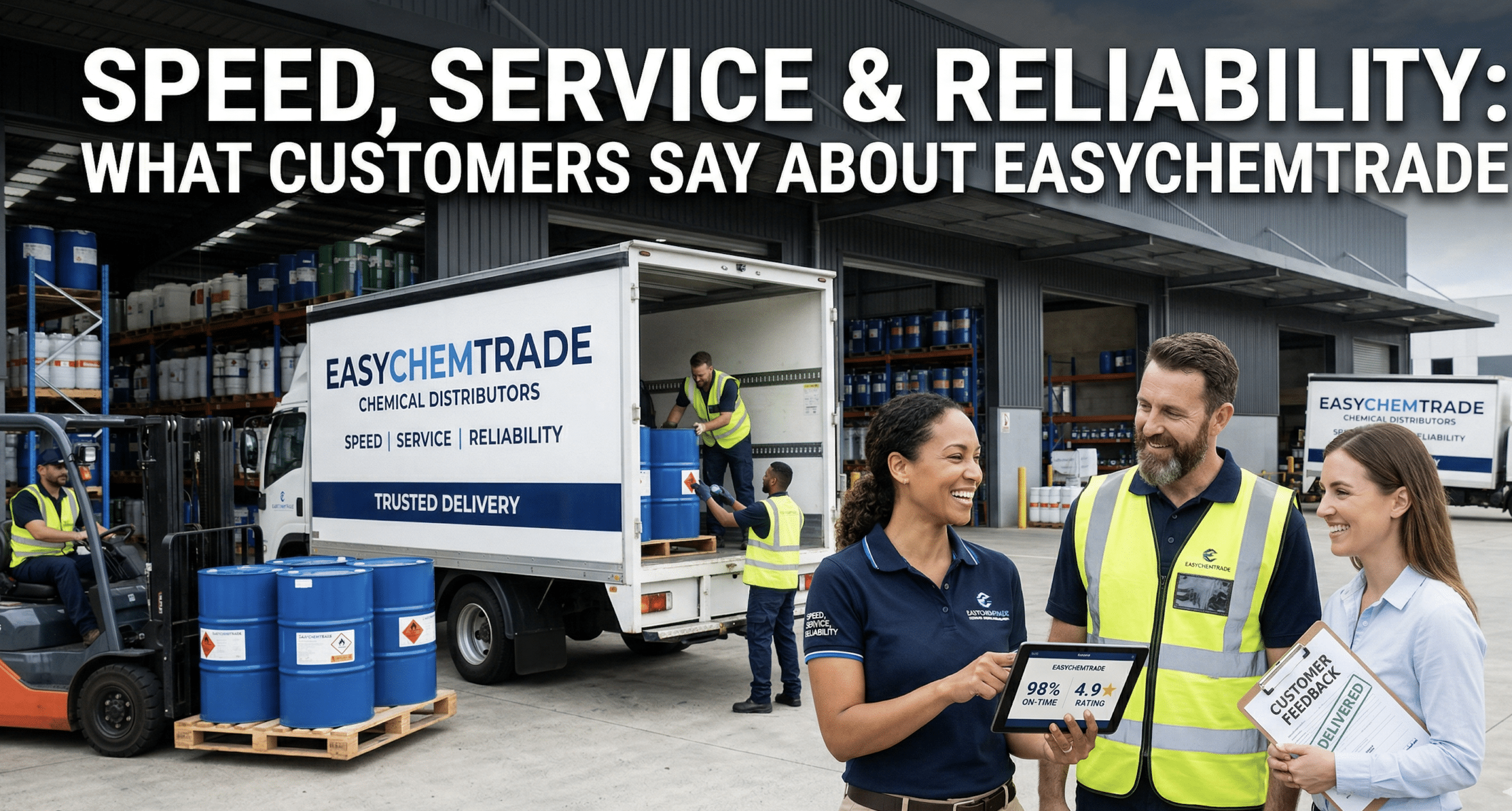 EasychemTrade | Speed Service and Reliability What Customers Say About EasyChemTrade EasyChem Trade chemical distributors warehouse delivery team staff