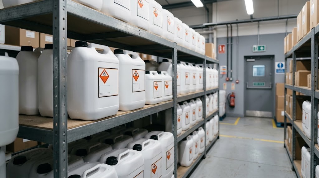 Labelled chemical containers on shelving in a trade storeroom