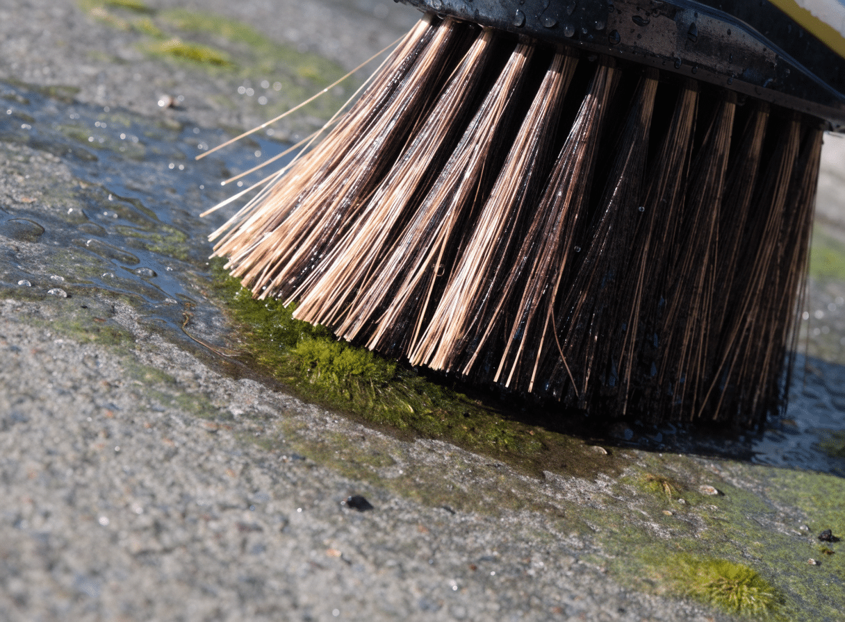 EasychemTrade | How to Clean a Concrete Driveway: A Practical Guide Scrubbing moss off concrete during a concrete driveway cleaning routine